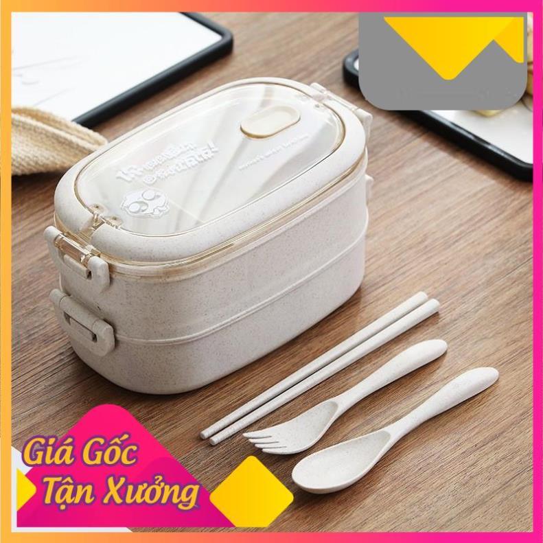 Hộp Đựng Cơm Lúa Mạch 2 Tầng + Tặng Kèm Đũa Muỗng Nĩa TP'S