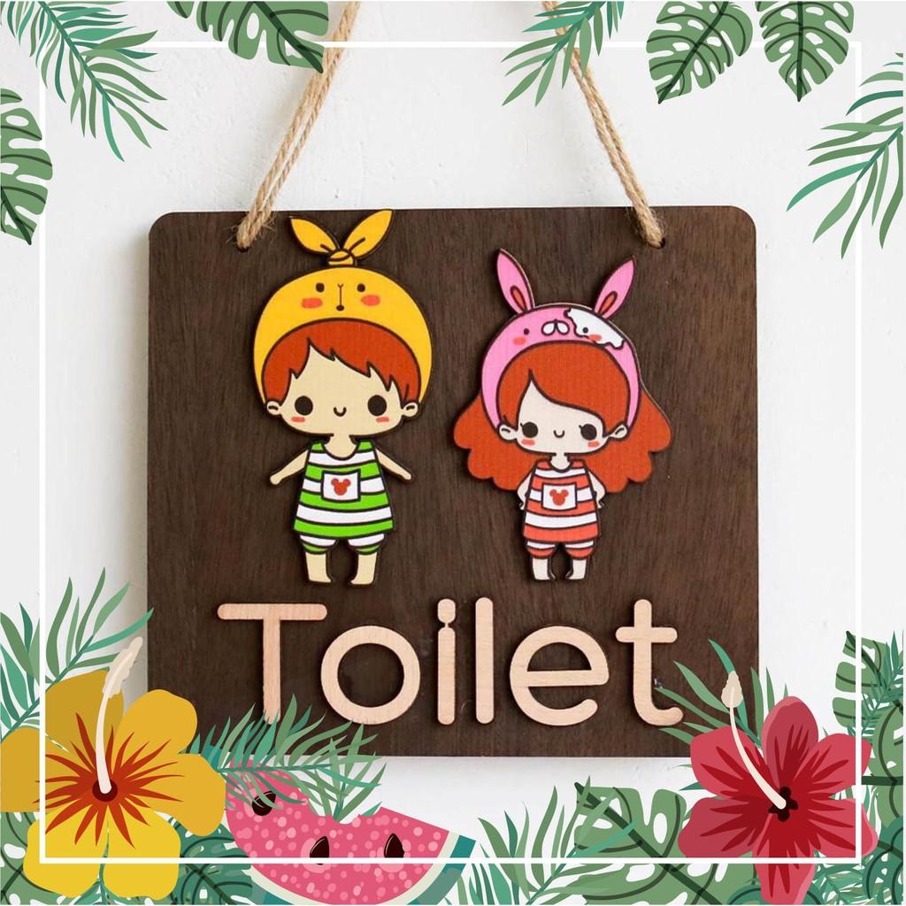 Bảng gỗ trang trí TOILET đôi baby thỏ