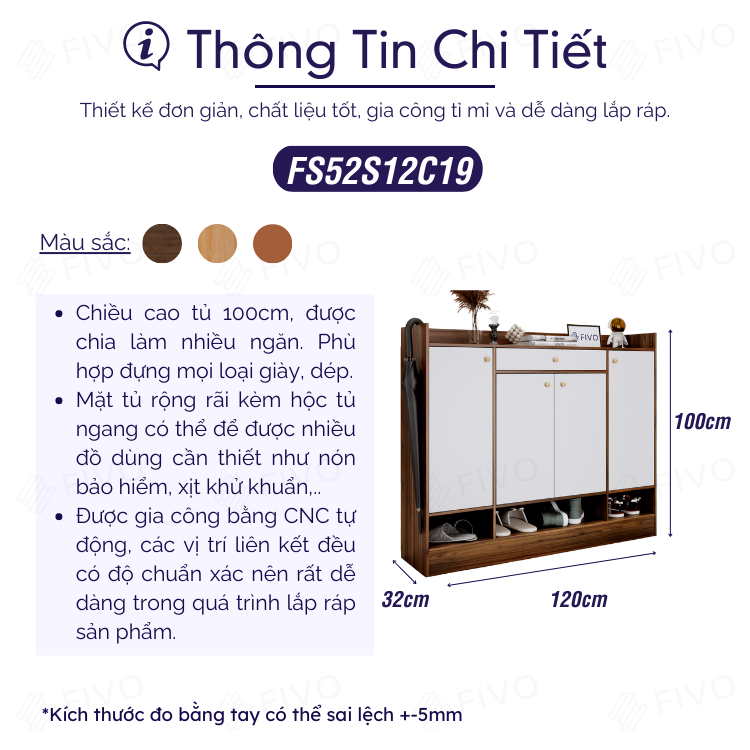 Tủ Kệ Giày Gỗ FIVO FS52 Có Cửa, Ngăn Chứa Trong Tủ Lớn, Mặt Tủ Rộng Rãi, Kèm Hộc Tủ Ngang Giúp Đựng Vật Dụng Thường Dùng (Chìa Khóa, Găng Tay...) - Ngang 120cm