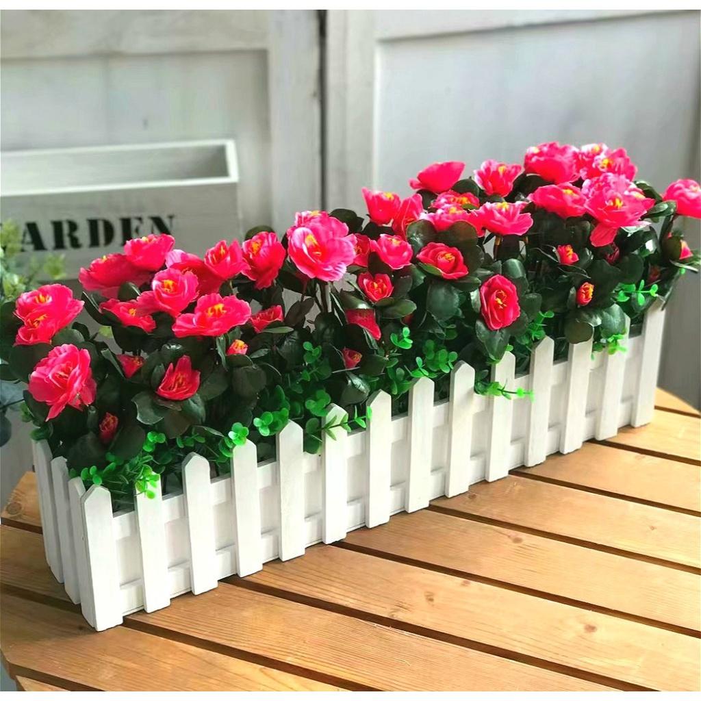 Giỏ gỗ cắm hoa lá giả hình hàng rào dài 50cm màu trắng trang trí chân tường, hành lang, ban công đẹp
