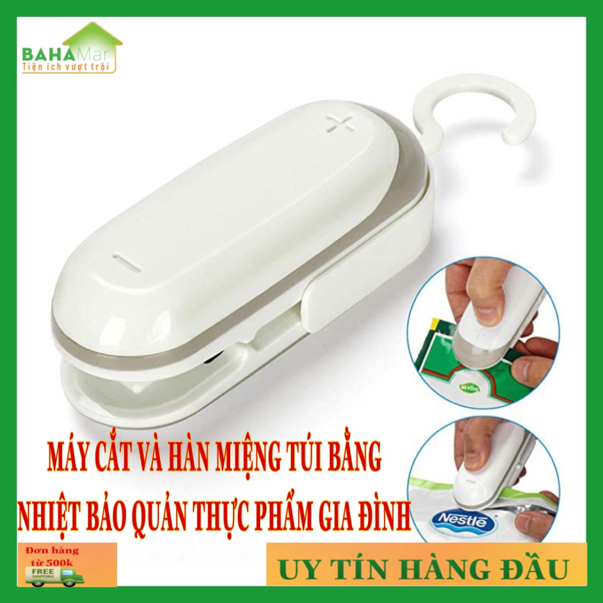 Máy cắt và hàn miệng túi bằng nhiệt bảo quản thực phẩm gia đình "BAHAMAR" có thể sử dụng thuận tiện để cắt và dán tất cả các loại túi đựng bánh kẹo, thực phẩm, thuốc men, sẽ giữ độ tươi ngon của thực phẩm