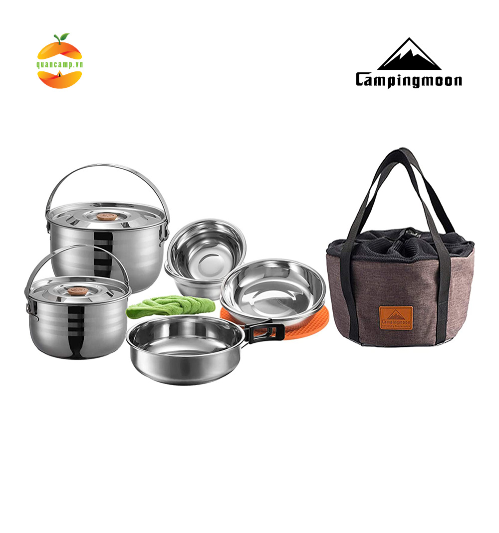 Bộ Nồi Nấu Ăn Dã Ngoại Bằng Thép Không Rỉ Campingmoon Cookware Mc - 210 6 Người