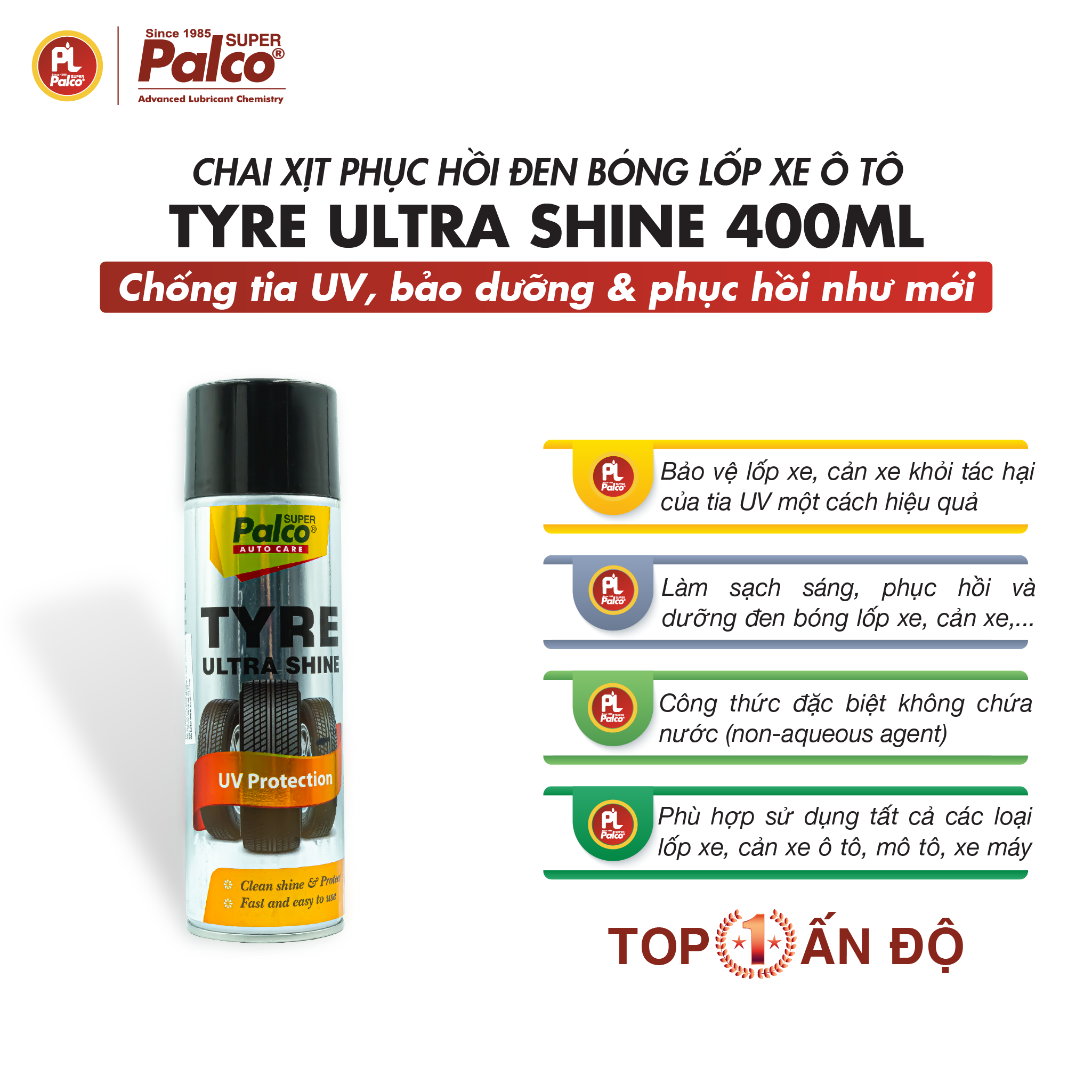 Dung dịch phục hồi lốp xe đen bóng, chống tia UV PALCO Tyre Ultra Shine - Chai xịt 400ml - Nhập khẩu Ấn Độ