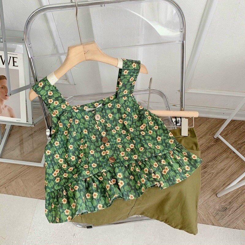 Set Chân Váy Chữ A Kèm Áo 2 Dây Hoa Nhí Xanh