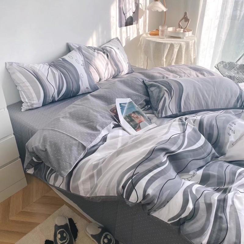 Set Cotton Living Hàng Nhập Khẩu Cao Cấp 4 Món Kẻ Xanh Xám Sóng Nước