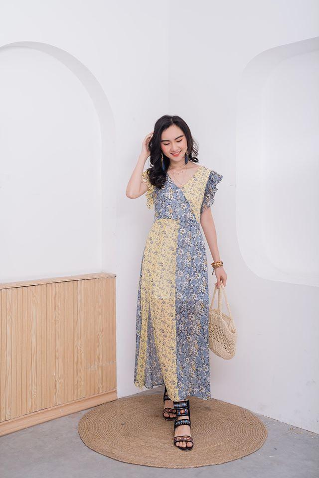 Ana dress - Váy thiết kế mix hoa xanh vàng