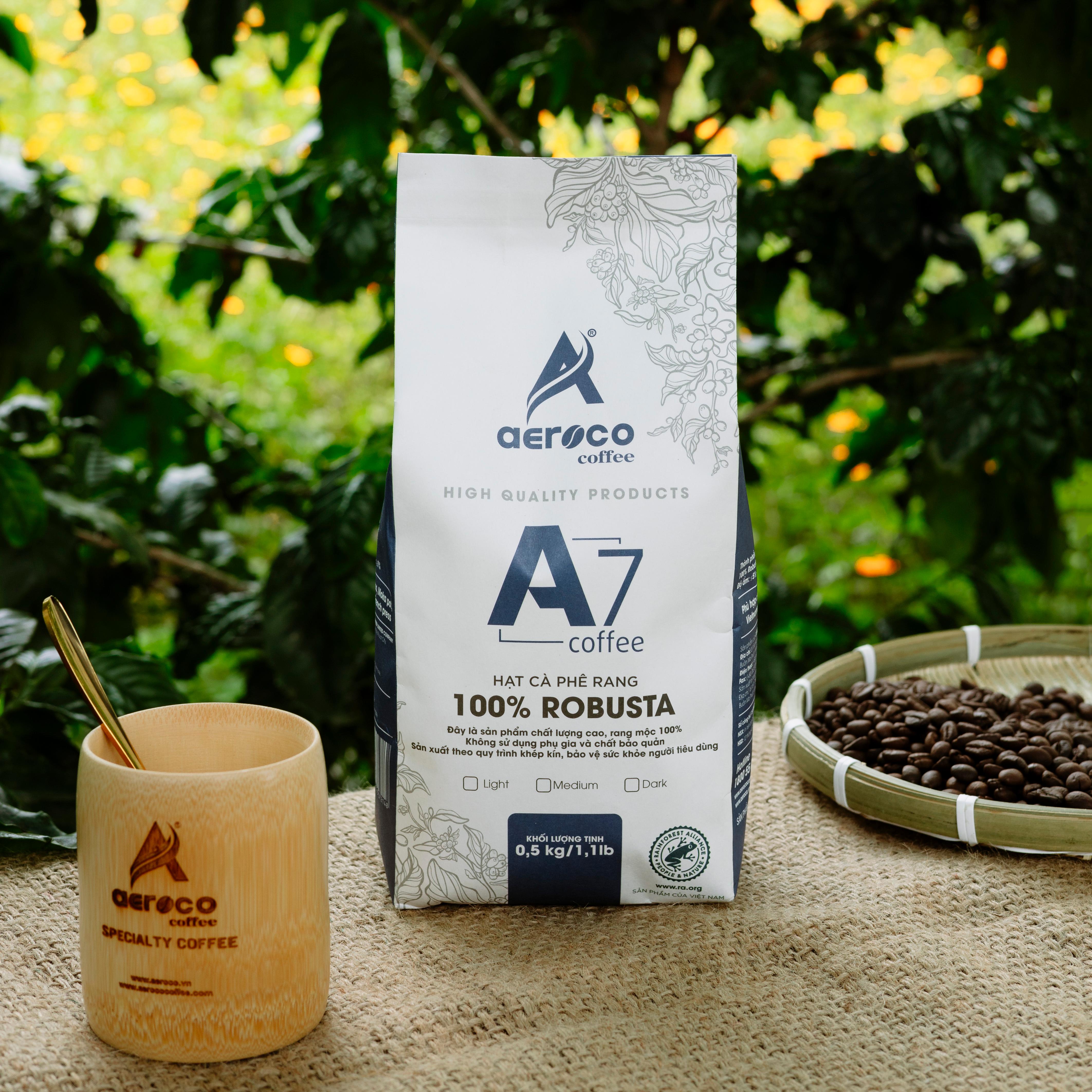 Gói 500g_Cà phê AEROCO hạt rang A7 (100% Robusta) nguyên chất 100% rang mộc hậu vị ngọt thơm quyến rũ, phù hợp pha máy và pha phin