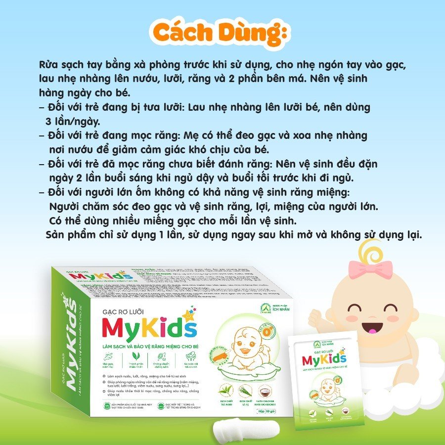 Gạc Rơ Lưỡi MyKids Ích Nhân Làm Sạch Nướu, Lưỡi, Răng, Miệng Cho Bé, Phòng ngừa vấn đề răng miệng cho bé - Hộp 30 gói