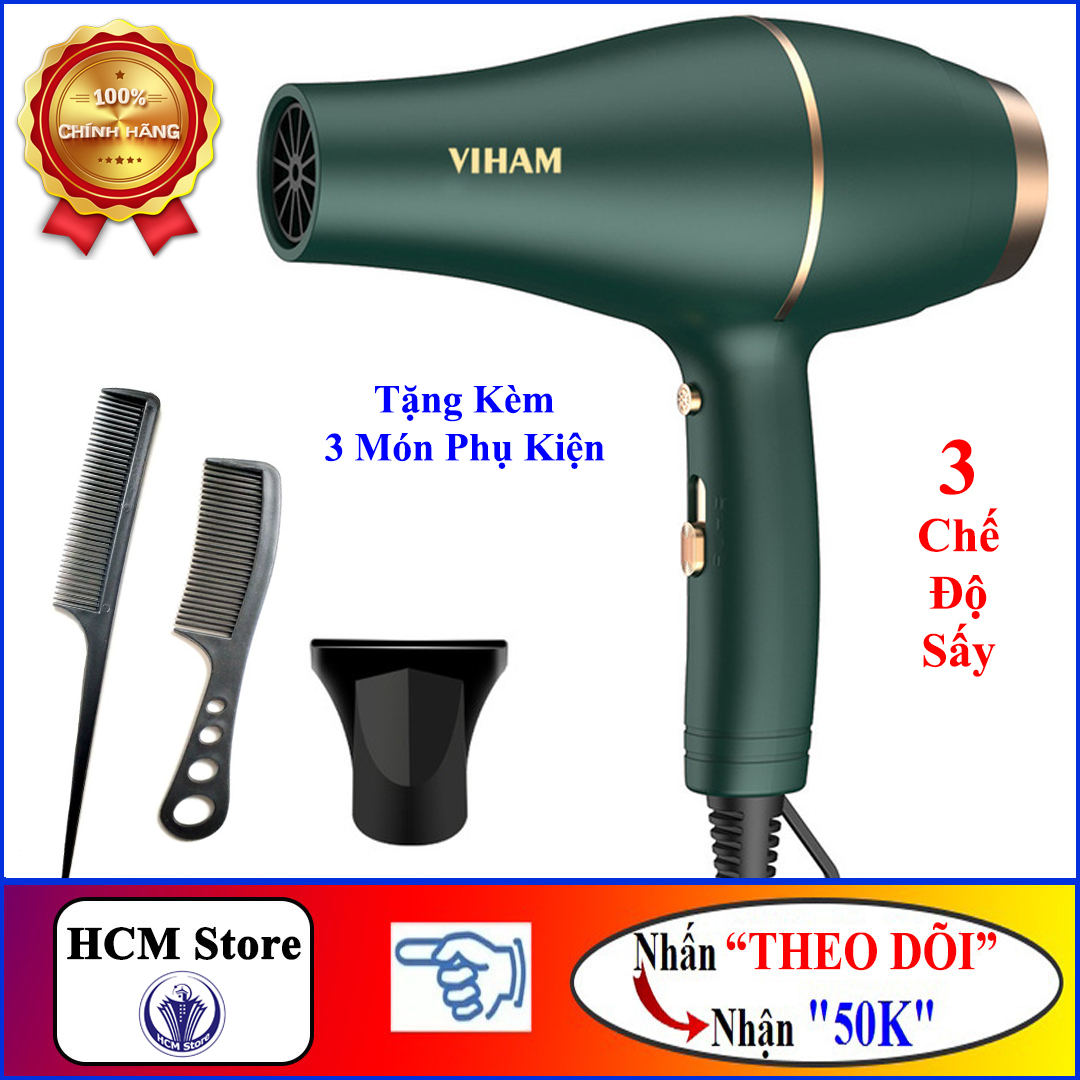 Máy Sấy Tóc VIHAM, 3 Chế Độ Nóng - Lạnh, Công Suất 3500W, Động Cơ AC Tạo Sức Gió Cực Mạnh, Tặng 3 Món Phụ Kiện - Hàng Chính Hãng (Màu Xanh)