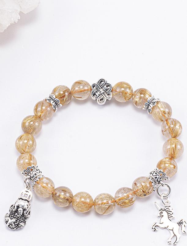 Vòng Tay Phong Thủy Nữ Đá Thạch Anh Tóc Vàng Phối Charm Tỳ Hưu & Kỳ Lân Bạc  Mệnh Thổ, Kim Ngọc Quý Gemstones