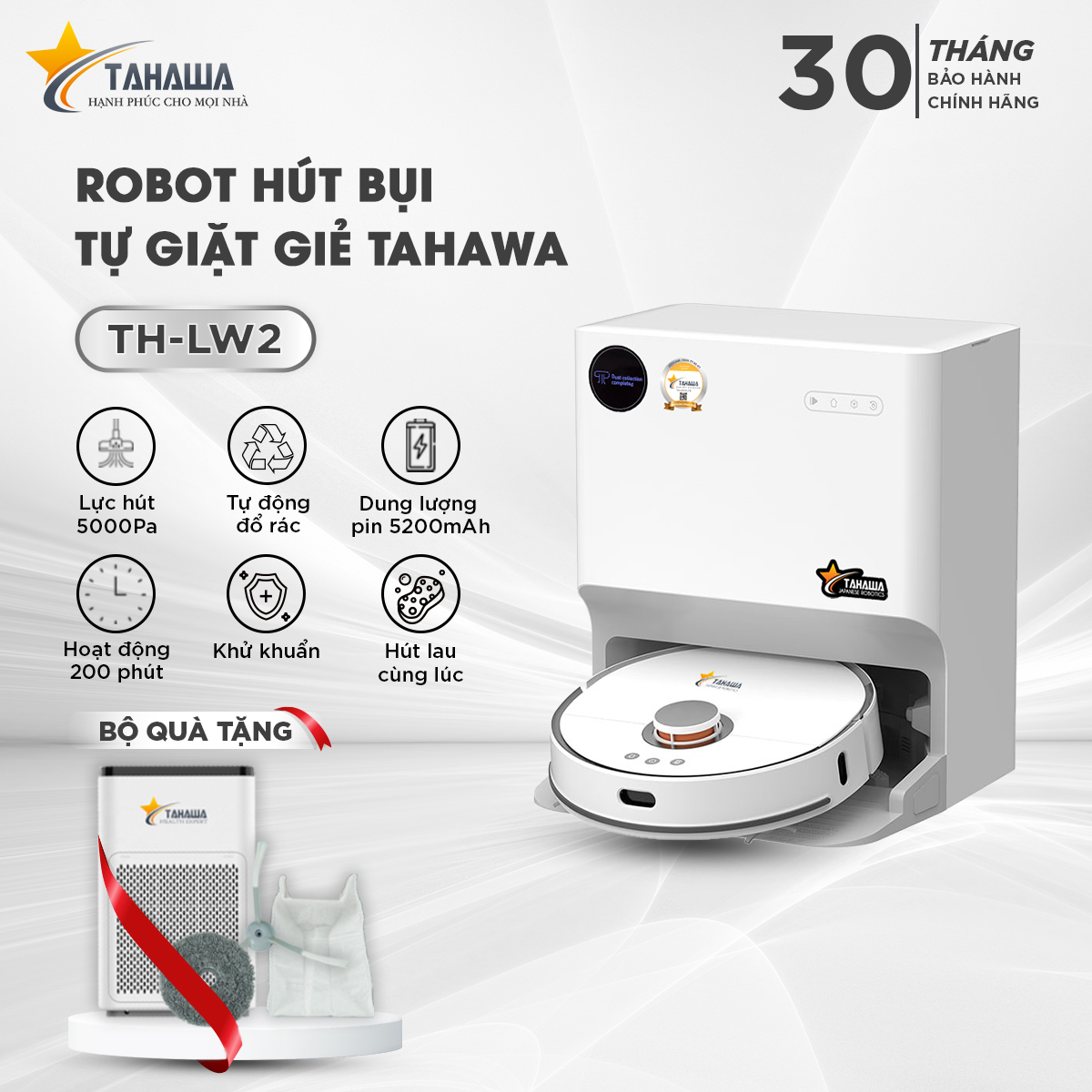 Robot hút bụi TAHAWA TH-LW2  Robo hút bụi an toàn cho sức khỏe người tiêu dùng, khử mùi hiệu quả sử dụng màn lọc HEPA 14, lọc sạch đến 99% bụi mịn