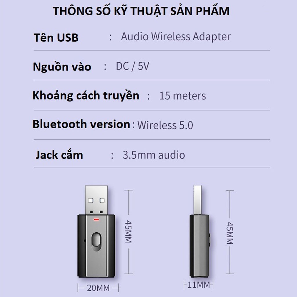 Thiết bị thu phát âm thanh Usb bluetooth 5.0 âm thanh đa chức năng jack cắm 3.5mm cho loa, ô tô tai nghe bluetooth, biến loa thường thành loa Bluetooth, Hàng Chính Hãng