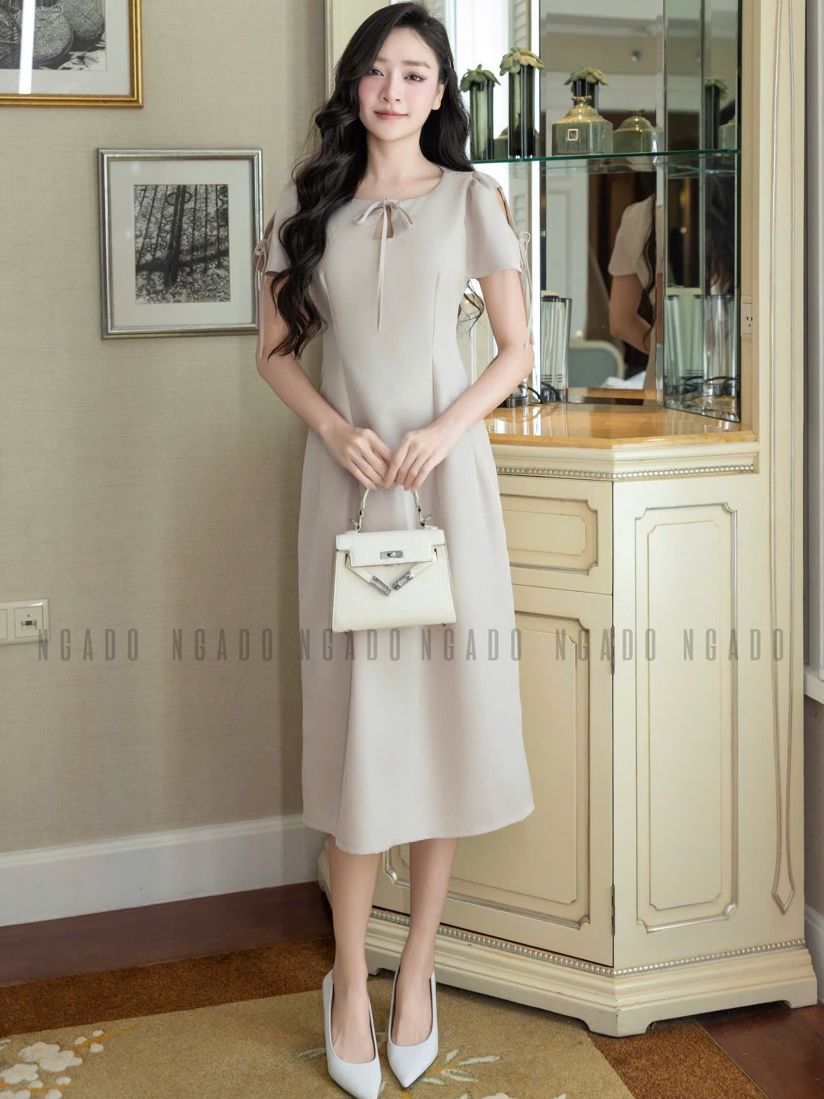 Đầm nude kem cổ giọt nước NGADO , đầm dài , đâm dự tiệc , công sở