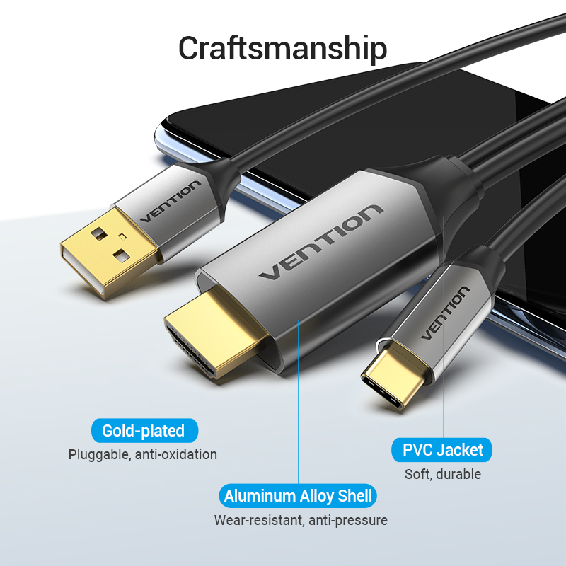 Cáp chuyển đổi Type-C to HDMI 2.0 kèm nguồn USB dài 1.5m - Vention CGTBG - Hàng chính hãng