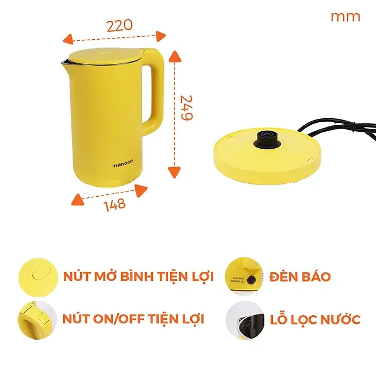 Bình đun siêu tốc Nanoco NKT1750Y Vàng - Hàng chính hãng - Chỉ giao HCM