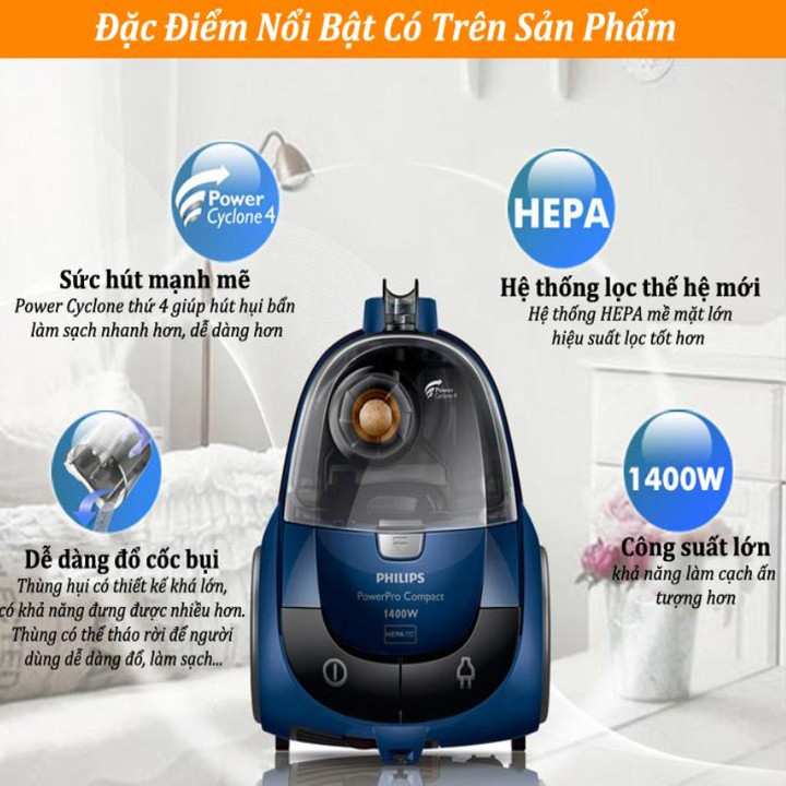 Máy hút bụi gia đình Philips FC8471/81 công suất 1400W,  dung tích 1.1 lít, hiệu quả làm sạch tốt với Công nghệ PowerCyclone - Hàng nhập khẩu