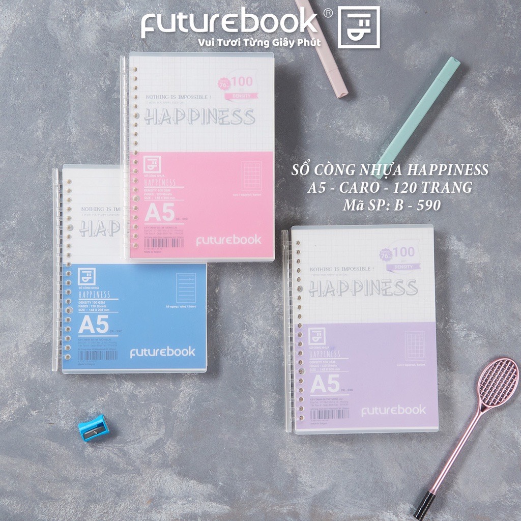 FUTUREBOOK-Sổ Còng Nhựa Happiness A5 20Chấu-120 Trang-Định Lượng 100Gsm.Dòng kẻ CARO . MÃ SP B590