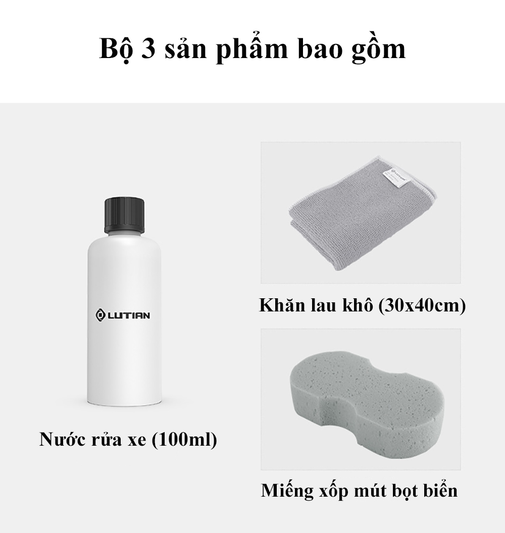 Bộ Ba Dụng Cụ Rửa Xe Lutian Bao Gồm Nước Rửa Xe (100ml), Khăn Lău Khô (30x40cm), Miếng Xốp Mút Bọt Biển Bộ Sản Phẩm Chuyên Dùng Để Dọn Dẹp Rửa Ô Tô, Xe Máy  – Hàng Chính Hãng