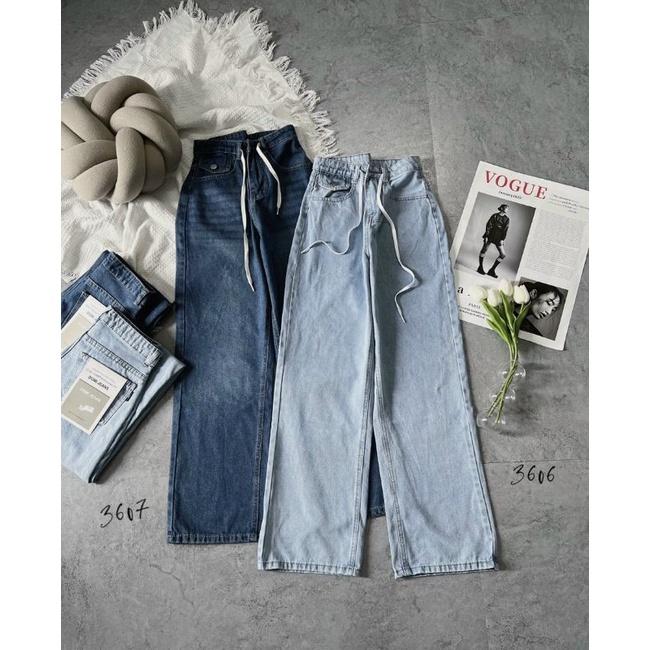 Quần baggy jean nữ ống suông lưng cao dây rút