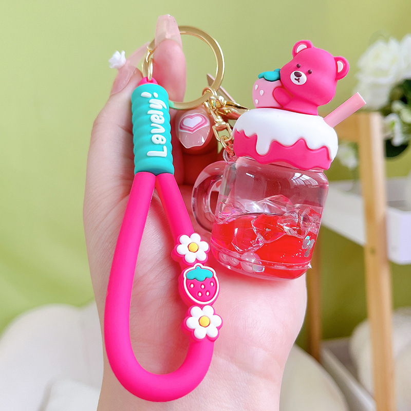 S120 - Móc khóa gấu dâu tây Lotso gel kim tuyến ly nước trái dâu bình nước dễ thương treo chìa khóa, túi xách - Cây Sồi Già