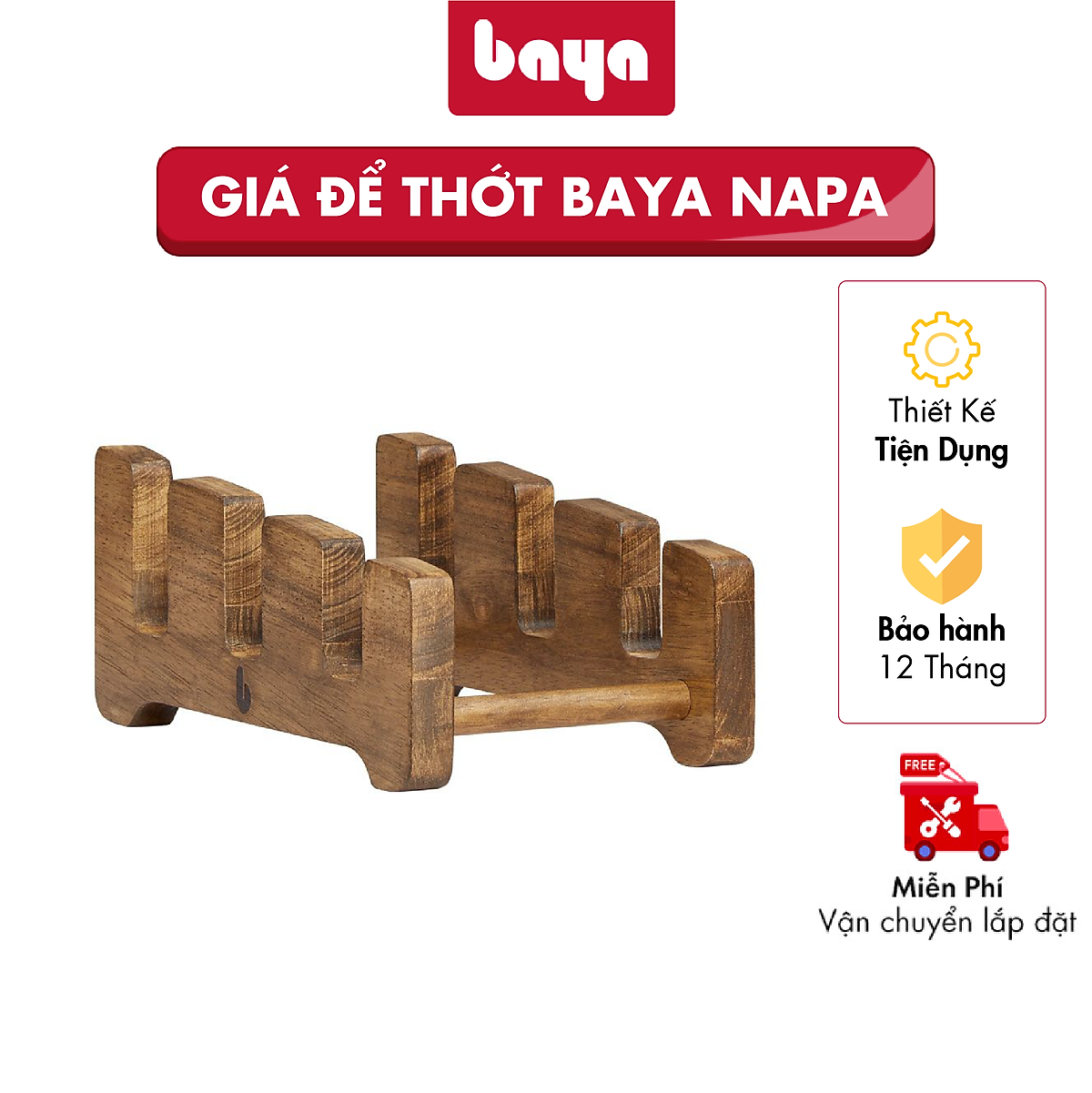 Combo 4 Món Đồ Dùng Nhà Bếp BAYA NAPA Gồm 1 Giá Đựng Thớt, 1 Giá Treo Ly, 1 Khay Gỗ Trang Trí, 1 Cây Để Giấy Cuộn 6000265