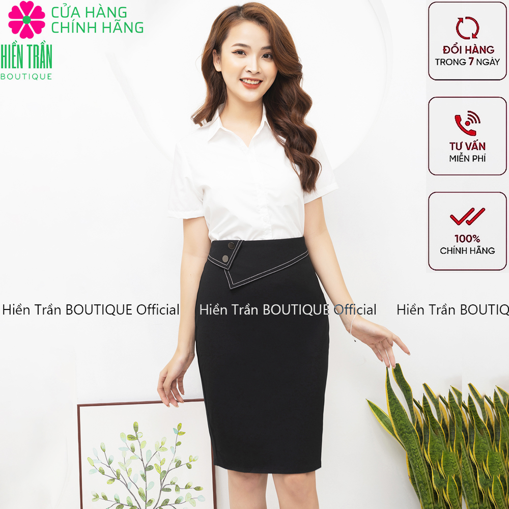 Chân váy bút chì Hiền Trần BOUTIQUE phối 2 khuy mạ crom sang trọng, quý phái, chất vải cao cấp