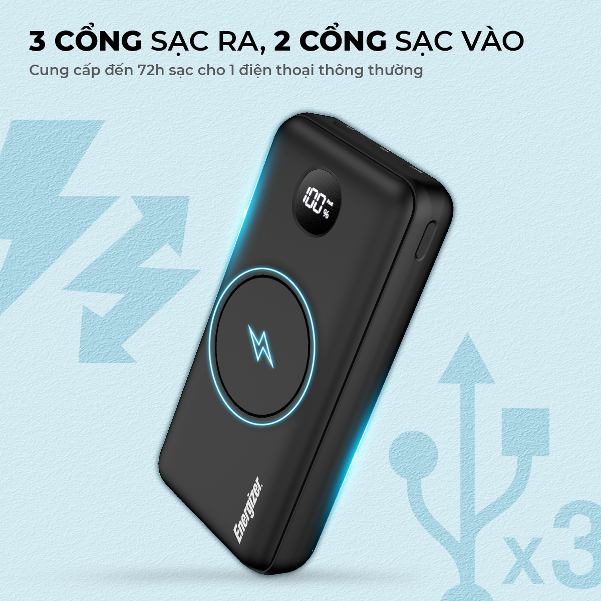 Pin dự phòng Energizer 20000mAh QE20013PQ - 3 cổng sạc tiện lợi, tích hợp sạc nhanh hai chiều - Hàng chính hãng