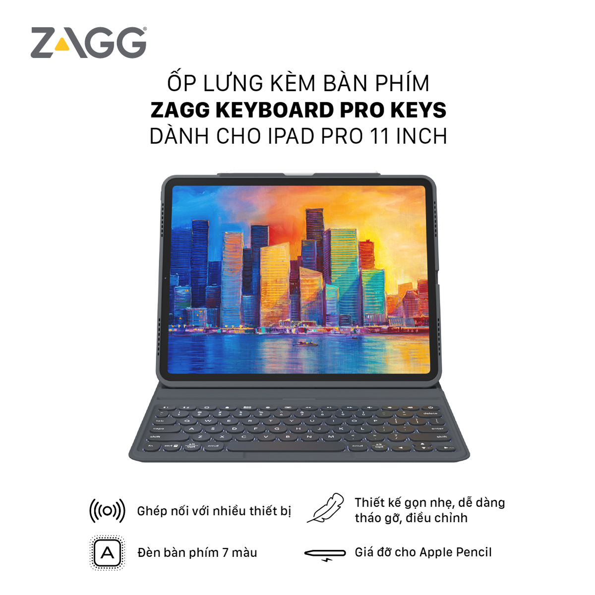 Ốp lưng kèm bàn phím ZAGG Pro Keys dành cho iPad Pro 11 inch - hàng chính hãng