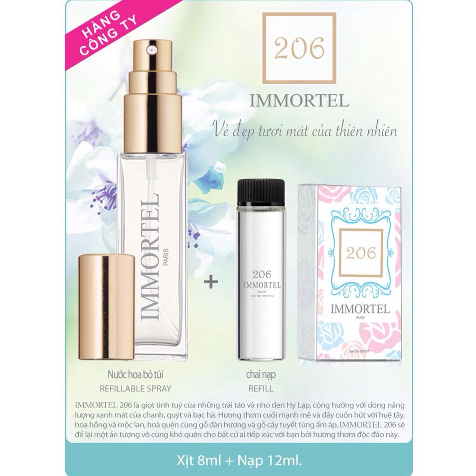 Nước hoa Nữ Immortel Paris 206 Eau De Perfume (Gồm chai xịt 8ml + Chai nạp 12ml)-Mùi hương mạnh mẽ và đầy cuốn hút 