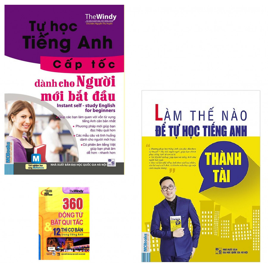 Combo Tự Học tiếng Anh Cấp Tốc Cho Người Mới Bắt Đầu+Tự Học Tiếng Anh Thành Tài tặng kèm 360 Động Từ Bất Quy Tắc 12 Thì Cơ Bản trong Tiếng Anh