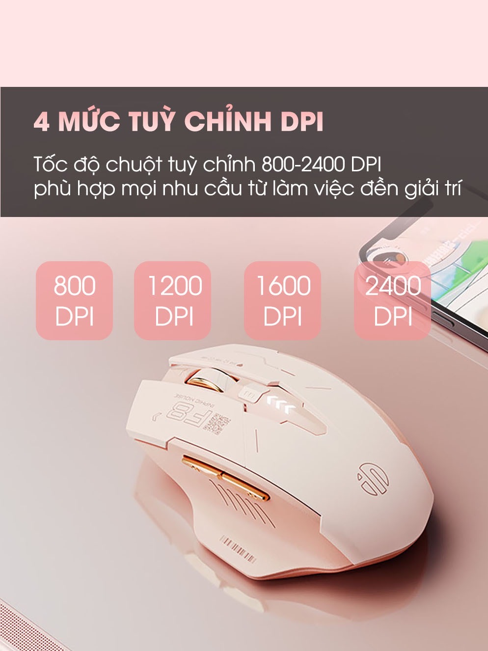 ￼Chuột không dây TEKKIN F8 trà sữa cute gaming silent chống ồn ko dây bluetooth  wireless 2.4G laptop máy tính - hàng chính hãng