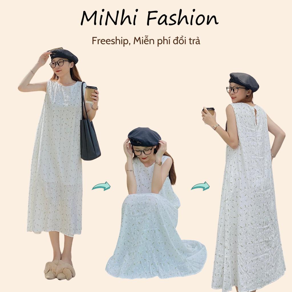 Đầm suông form rộng, Đầm trắng sát nách suông dài đi biển Cao Cấp in hoa nhí, vải mát bigsize - MiNhi Fashion