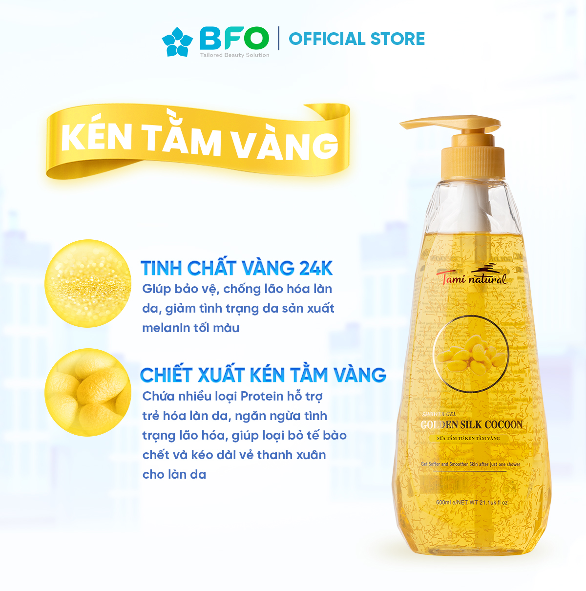 Sữa Tắm Tinh Dầu Thư Giản Tơ Kén Tằm Vàng Công Nghệ Anh Quốc Tami Natutal Dưỡng Ẩm Trắng Da Ngừa Lão Hóa Dung Tích 260ml/600ml