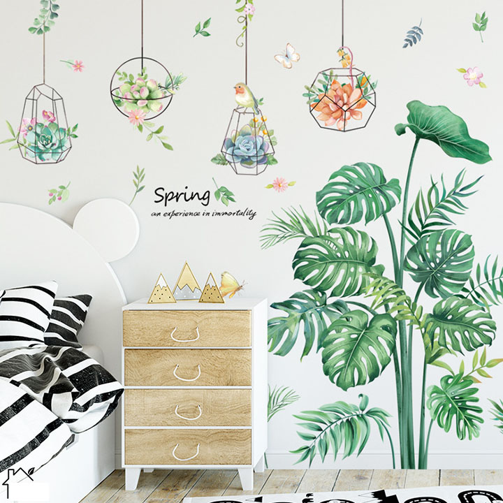 Decal trang trí chất liệu PVC loại 1 dày dặn, sắc nét, trang trí phòng khách, quán cafe- Khóm cây hoa treo-LV16
