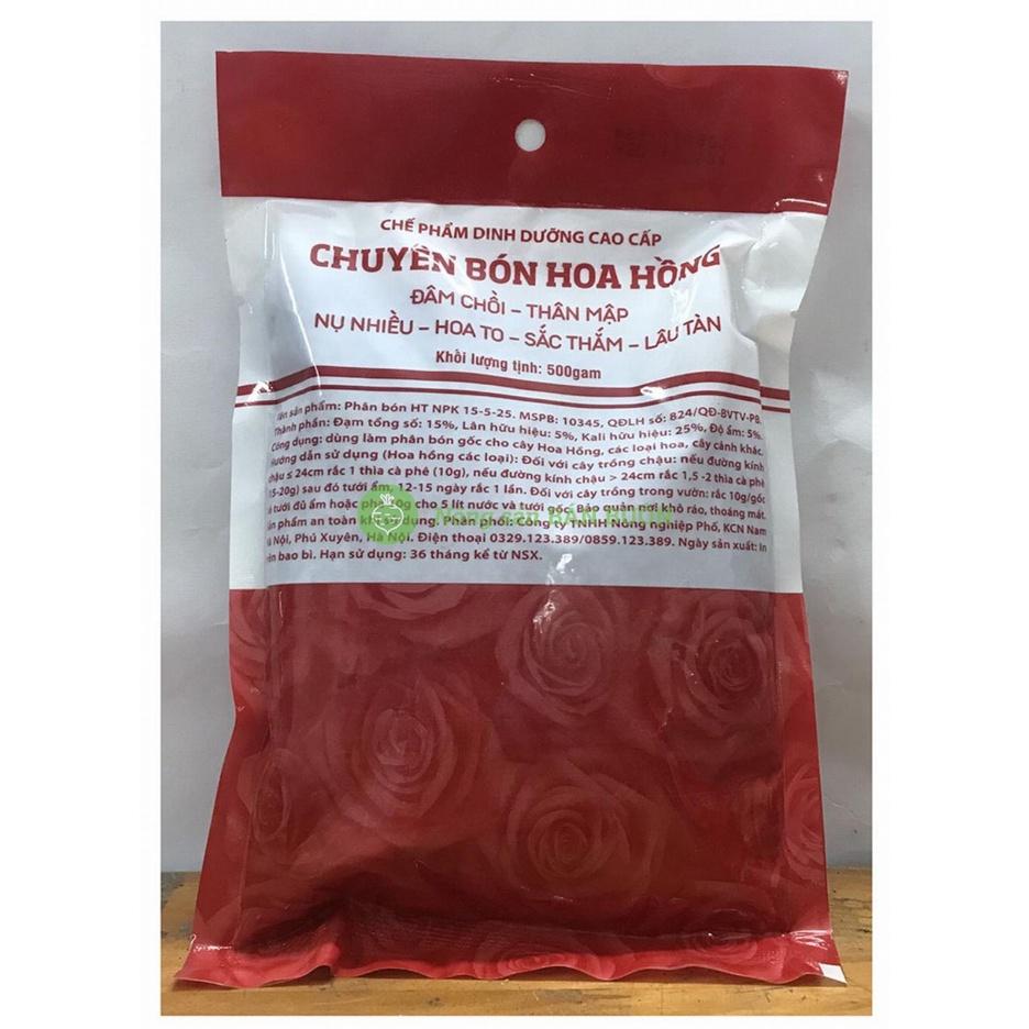 Phân bón HT NPK 15-5-25, gói 500g, chuyên bón hoa hồng - giúp đâm chồi, thân mập, nhiều nụ, hoa to, sắc thắm, lâu tàn