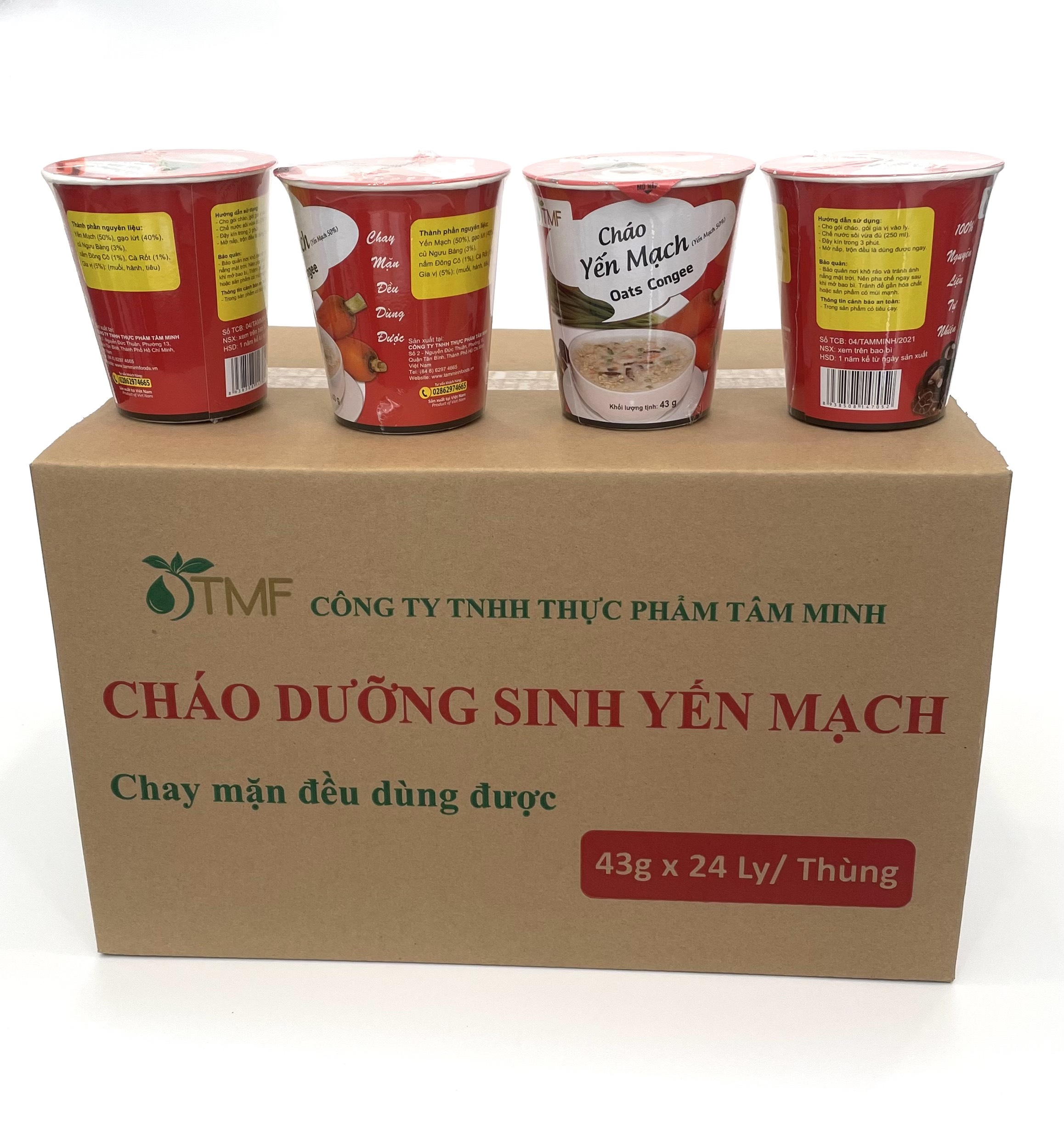 Thùng 24 ly cháo yến mạch dưỡng sinh ăn liền Tâm Minh (24 ly x 43 gam)