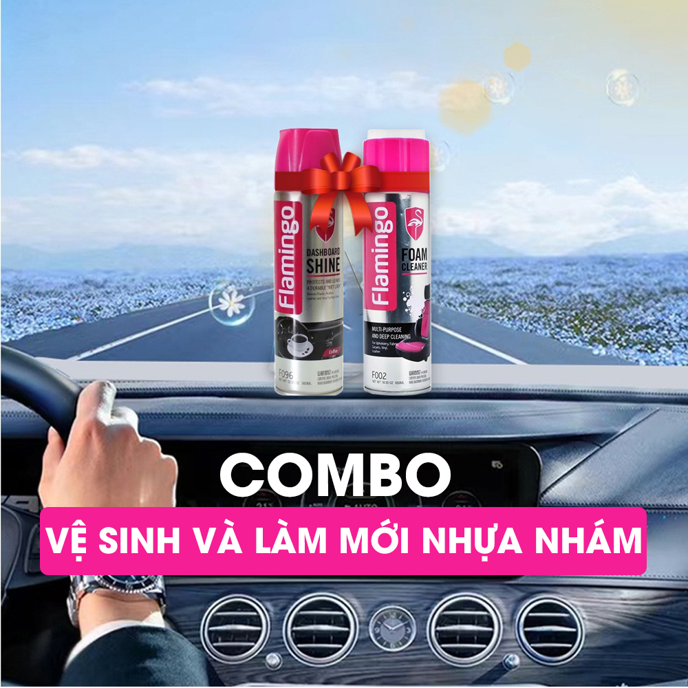 Combo 2 Chai Xịt Tẩy Vệ Sinh &amp; Dưỡng Bóng Nội Thất Ô Tô Flamingo F002 và F096 vệ sinh ghế da và làm sạch Sofa