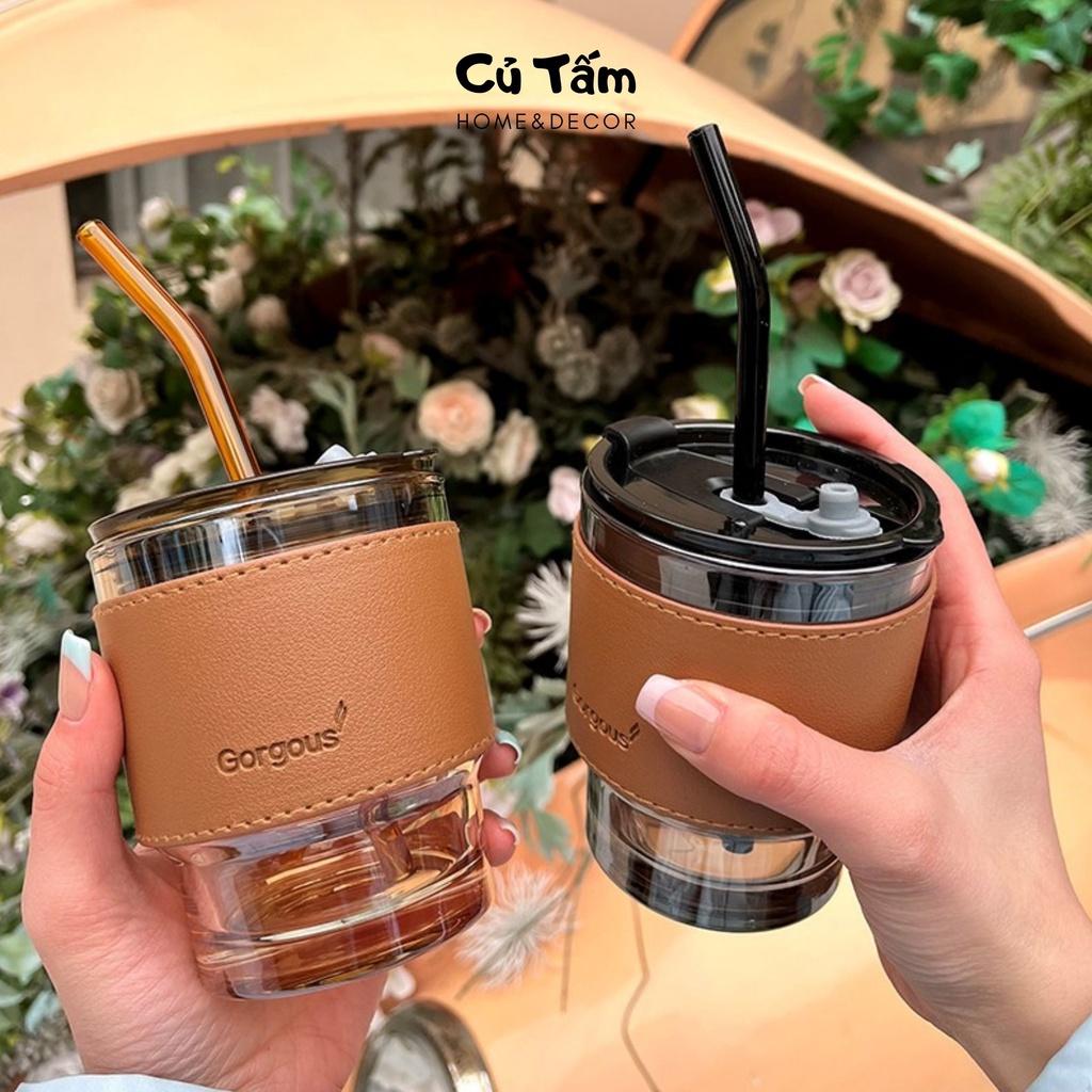 Ly thủy tinh, cốc thủy tinh đai da kèm ống hút và nắp đậy kín phong cách Bắc Âu size to