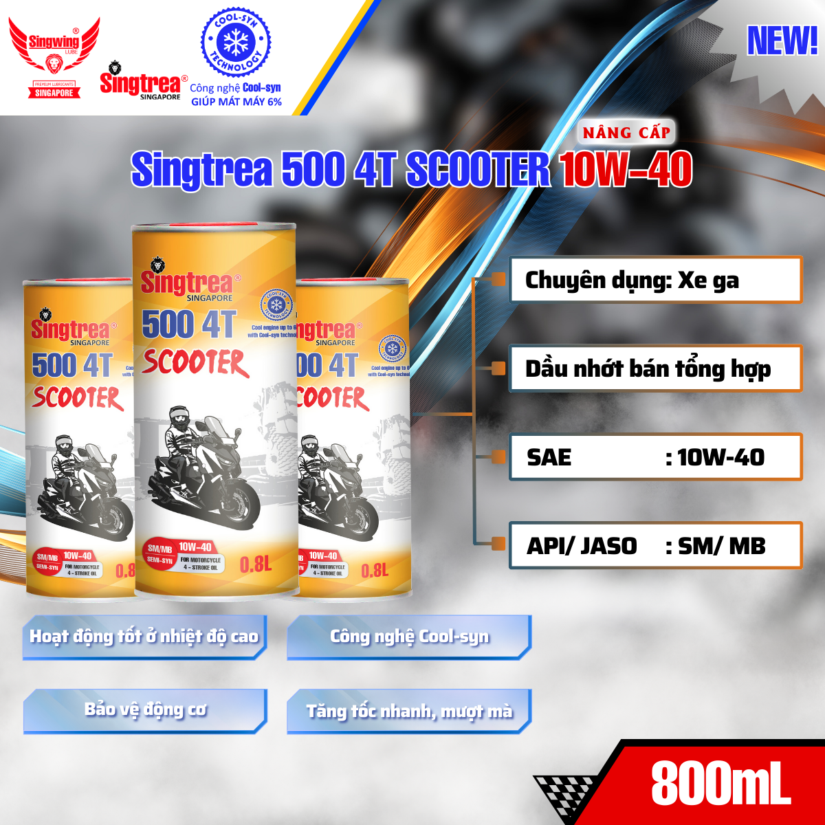 [PHIÊN BẢN TẾT 2024] - Nhớt xe máy Singtrea 500 Scooter 4T 10W40 Lon 0.8L