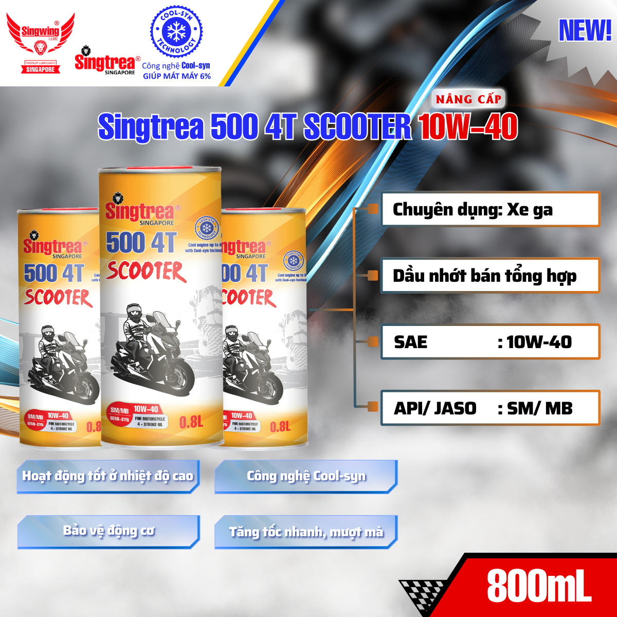 - Nhớt xe máy Singtrea 500 Scooter 4T 10W40 Lon 0.8L