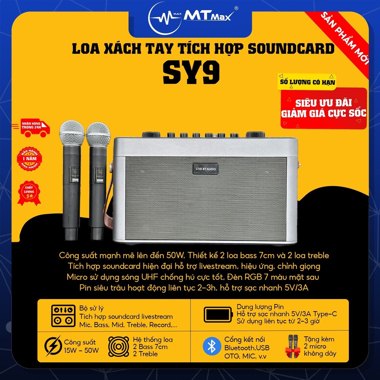 Loa Tích Hợp SoundCard SY9 - Live Stream, Karaoke, Chơi Nhạc Cực Sướng, Tặng Kèm 2 Micro Không Dây Chống Hú Rè Cực Tốt, BH 12 Tháng Hàng Chính Hãng