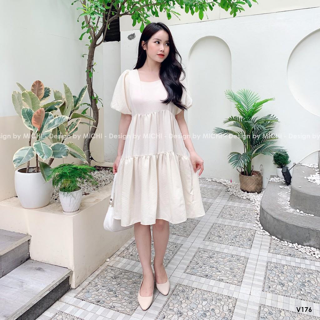 Váy baybydoll 2 tầng, cổ vuông, tay bo phồng, đầm xuông rộng freesize 3 màu mã V176 - Michi's House