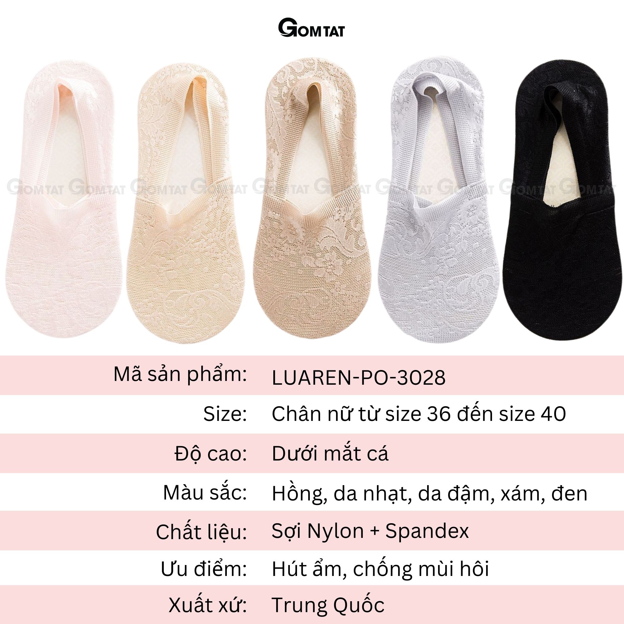 Tất nữ đi giày búp bê có bo thun chống tuột gót, vớ lười nữ chất liệu lụa phối ren cao cấp - LUAREN-PO-3028-1DOI