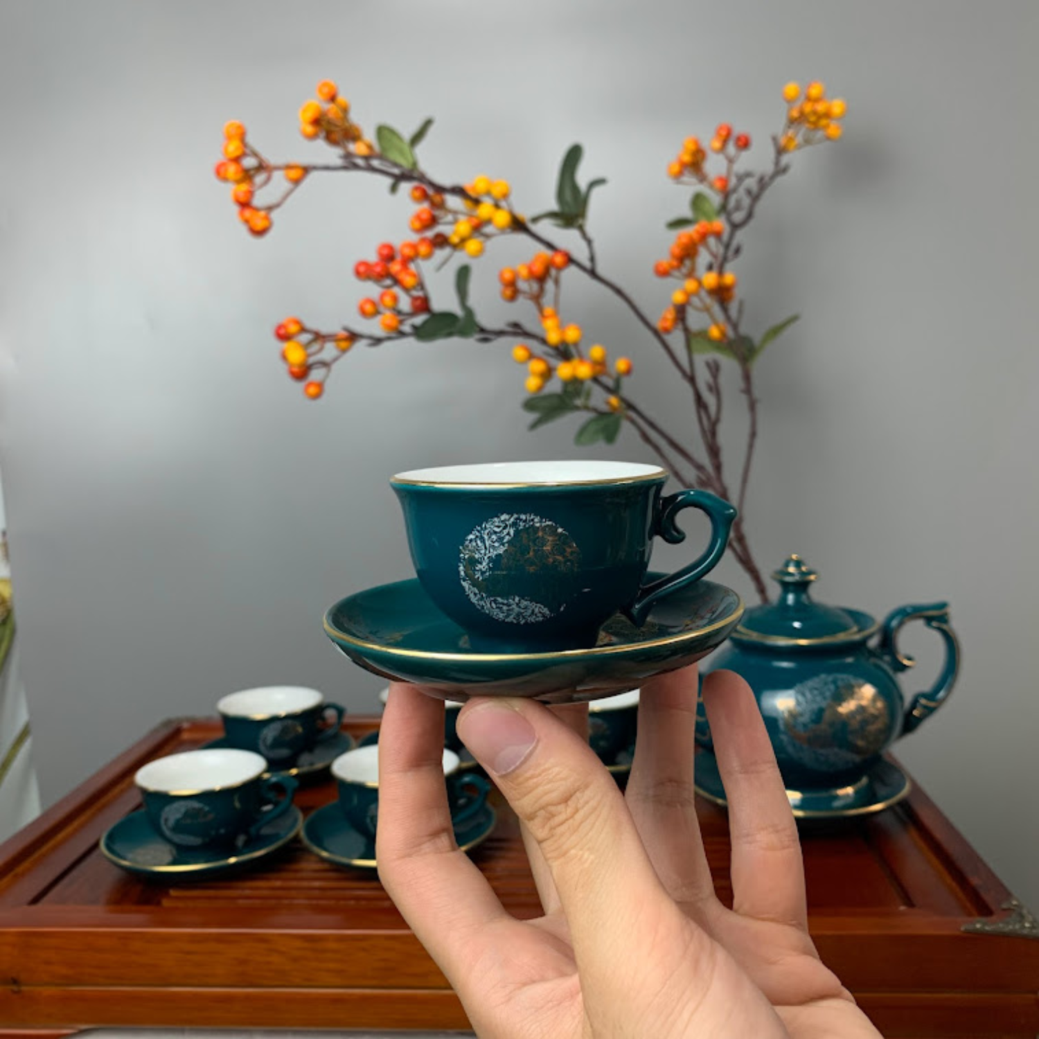 Bộ ấm chén uống trà cao cấp , bộ ấm trà Bát Tràng - phú hoàng điểu