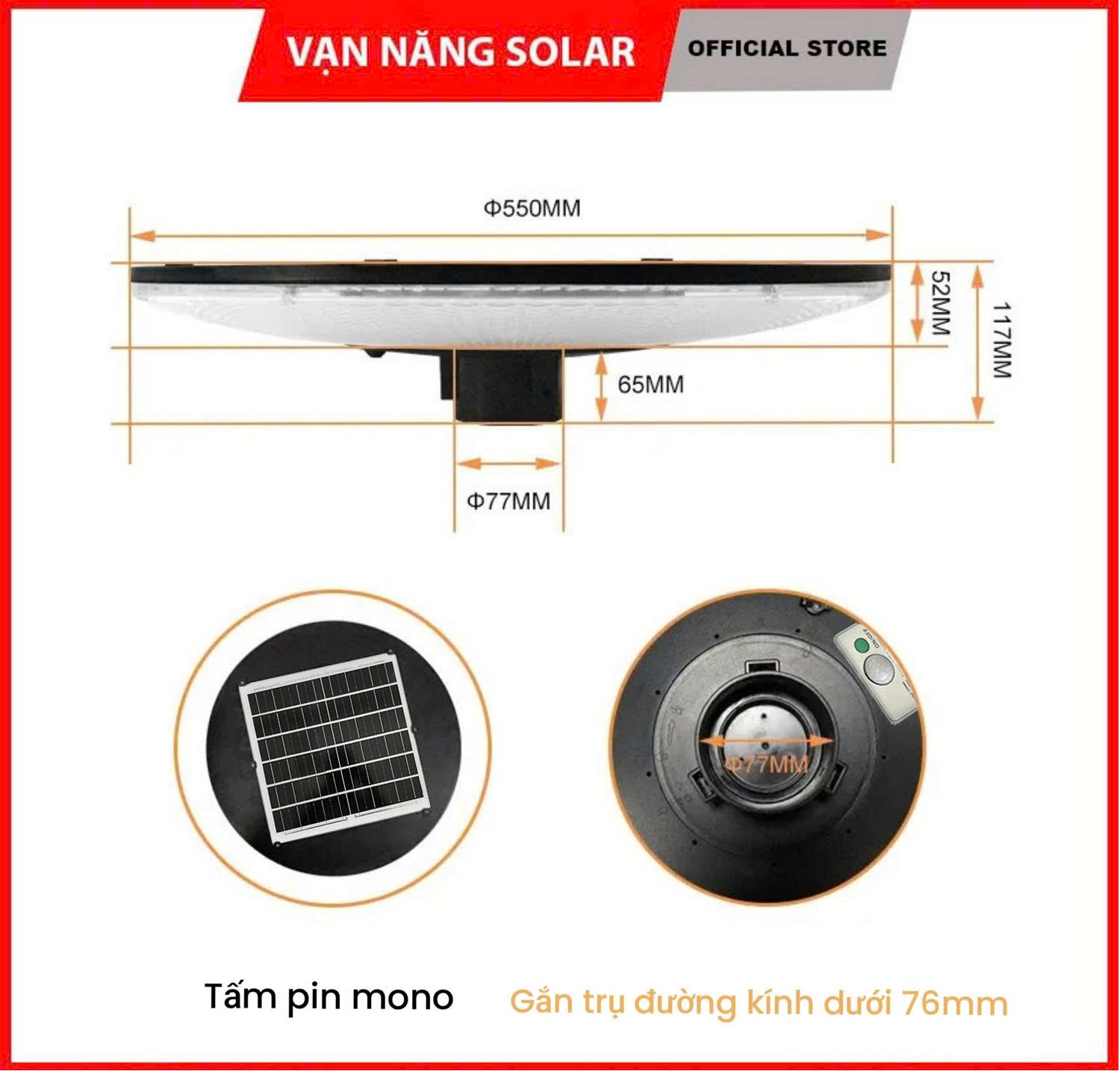 Đèn Năng Lượng Mặt Trời UFO VẠN NĂNG 500W Ánh Sáng vàng - trắng - trung tính
