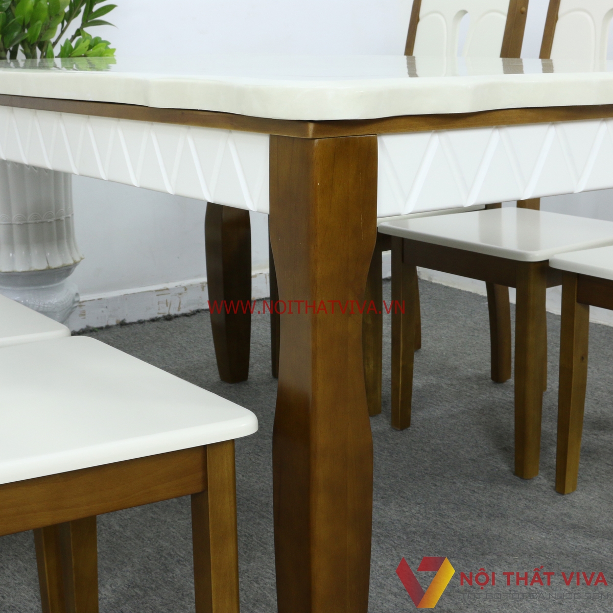 Bộ Bàn Ăn Mặt Đá Cẩm Thạch Gỗ Xoan 6 Ghế Màu Óc Chó Phối Trắng Cao Cấp