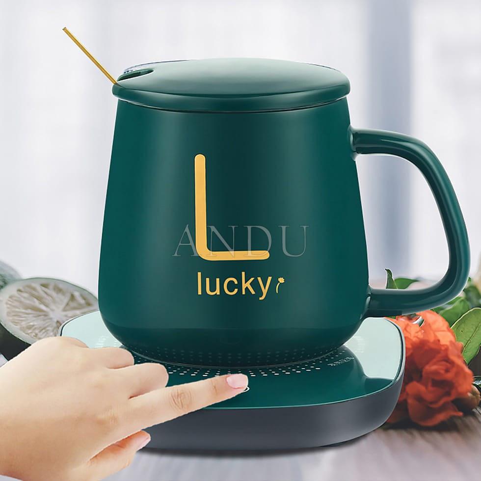 Cốc Văn Phòng, Cốc Hâm Nóng Bằng Sứ Kèm Đế Điện trà Tặng Kèm Thìa Mạ Vàng Tiện Lợi
