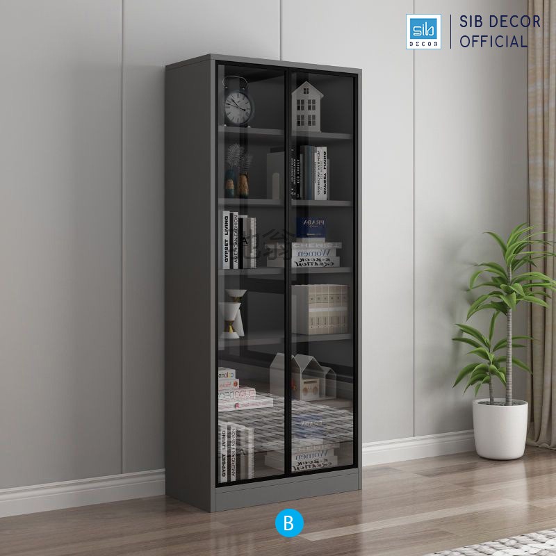 Set Tủ Sách Gỗ Nhiều Ngăn Tiện Lợi Phối Cửa Kính Trung Bày Hiện Đại Thương Hiệu SIB Decor KS603