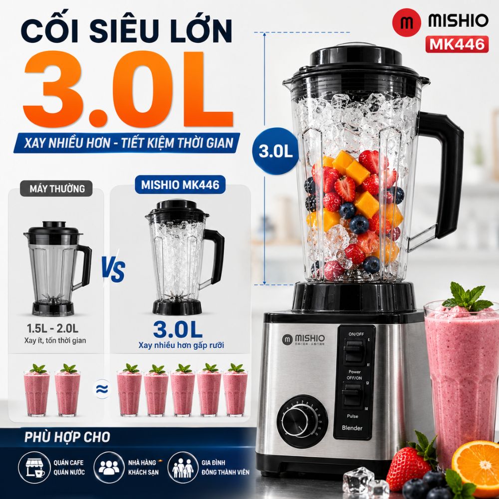Máy Xay Sinh Tố Công Nghiệp Đa Năng Mishio MK446 (3.0L) - Công Suất 800W - hàng chính hãng