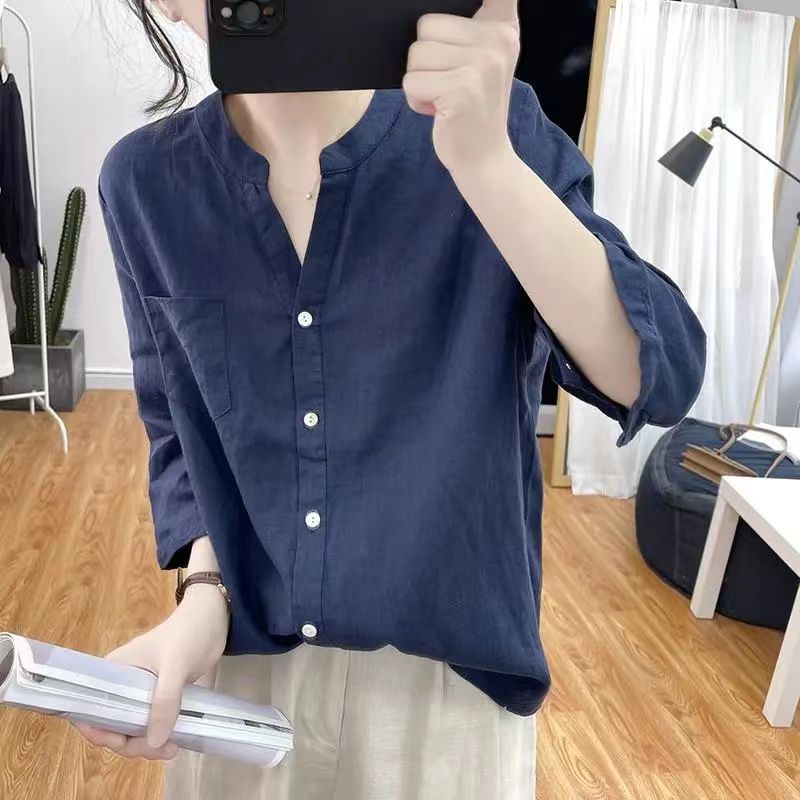 Áo sơ mi cổ tàu tay lỡ, kiểu dáng basic, phối màu trẻ trung chất liệu đũi mềm DVSM200